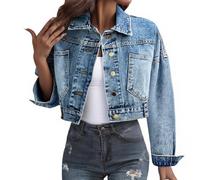 Ladies Denim Jackets, Long Sleeve Button Down Collared Stretchy Jean Jackets Casual Oversized Shacket Lightweight Distressed Denim Coats