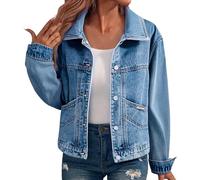Ladies Denim Jackets, Long Sleeve Button Down Collared Stretchy Jean Jackets Casual Oversized Shacket Lightweight Distressed Denim Coats