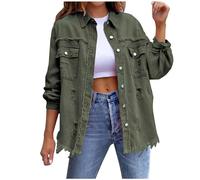 Ladies Denim Jackets Stretchy Long Sleeve Distressed Jean Jackets Button Up Vintage Western Boyfriend Coats (UK, Alpha, L, Regular, Regular, 01 Army Green)