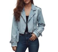 Ladies Denim Jackets,Washed Denim Jacket For With Belt Oversized Cropped Style Lightweight Comfortable Distressed Casual Fall Outerwear Coat