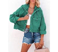 Ladies Denim Jackets, Women'S Denim Jacket Hooded Green Wash Faded Long Sleeve Button Bomber Jean Jacket Vintage Distressed Short Denim Coat Spring Transition Casual Outwear,M