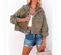 Ladies Denim Jackets, Women'S Denim Jacket Hooded Olive Green Wash Faded Long Sleeve Button Bomber Jean Jacket Vintage Distressed Short Denim Coat Spring Transition Casual Outwear,M
