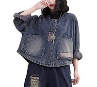 Ladies Denim Jackets, Women'S Denim Jacket Vintage Distressed Blue Splicing Long Sleeve Button Up Shacket Jacket Loose Short Wash Faded Round Neck Denim Coat Spring Transition Casual Outwear,Xl