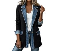 Ladies Denim Trim Knit Blazer Jacket Lapel Collared Long Sleeve Cardigan | Denim Trim Spliced Open Front Blazer Ribbed Knitted Cardigan Smart Casual Long Sleeve Casual Longline Coat with Pockets