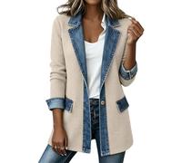 Ladies Denim Trim Knit Blazer Jacket Lapel Collared Long Sleeve Cardigan | Denim Trim Spliced Open Front Blazer Ribbed Knitted Cardigan Smart Casual Long Sleeve Casual Longline Coat with Pockets