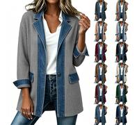 Ladies Denim Trim Knit Blazer Jacket Lapel Collared Long Sleeve Cardigan | Denim Trim Spliced Open Front Blazer Ribbed Knitted Cardigan Smart Casual Long Sleeve Casual Longline Coat with Pockets