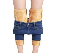 Ladies Denim Trousers Plus Size Womens Thermal Leggings Fleece Lined Pants Warm Thickening Thermal Jeans With 4 Pockets High Waist Tapered Leg Trousers Open Zipper Jegging Fall Winter Warm Bottoms