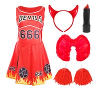 LADIES DEVIL CHEERLEADER HALLOWEEN ADULT COSTUME & ACCESSORIES SET FANCY DRESS