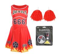 LADIES DEVIL CHEERLEADER HALLOWEEN ADULT FANCY DRESS COSTUME & ACCESSORIES