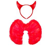 Ladies Devil Costume Set - Red Devil Horns + Red Feather Wings - 2-piece Fancy Dress Accessory Set
