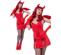 Ladies Devil Costume Sexy Devil Halloween Fancy Dress Outfit + Wings Adults