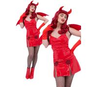 Ladies Devil Costume Sexy Devil Halloween Fancy Dress Outfit + Wings Adults
