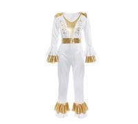 Ladies Disco Queen Costume - Medium - White & Gold 70s Jumpsuit with Flared Hems and Shoulders - Womens Vintage Retro 1970s Pop Music Icon Party Fancy Dress Costume