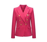 Ladies Double Breasted Blazers Tailored Slim Fit Military Style Suit Jacket Fashion Collared Gold Button Work Office Short Duster Coat Elegant Formal Fall Outerwear Rose Red M