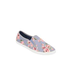 Ladies Dr Keller Stylish Floral Canvas Slip-On Shoes Comfortable Wide E Fit with Elastic Gusset Inserts, Breathable Cotton, Durable Construction in Vibrant Summer Prints Blue