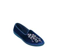 Ladies Dr Keller Wide E Fit Embroidered Slippers, Comfortable Floral House Shoes Navy