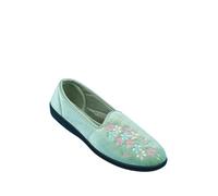 Ladies Dr Keller Wide E Fit Embroidered Slippers, Comfortable Floral House Shoes Soft Green