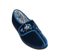 Chums Ladies Dr Keller Wide E Fit Embroidered Touch Fasten Slipper - Soft & Cosy with Floral Lining Navy 3