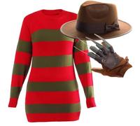 Ladies Dream Killer Costume Set - Striped Knitted Jumper Dress with Hat & Claw Hand Glove - Halloween Horror Fancy Dress Outfit for Women, Scary Party & Cosplay