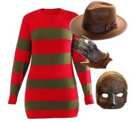 Ladies Dream Killer Costume Set - Striped Knitted Jumper Dress with Mask Hat & Claw Hand Glove - Halloween Horror Fancy Dress Outfit for Women, Scary Party & Cosplay