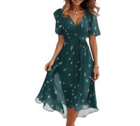 Ladies Dresses Clearance, Women's Floral Print Chiffon A-Line Midi Dress Short Sleeve V Neck Tie Waist Casual Flowy Evening Dresses for Special Occasions Wedding Guest Sister Gifts,Dark Green,S,u770k