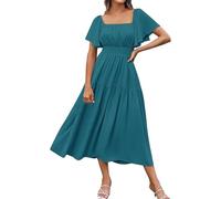 Ladies Dresses Dresses for Women UK Summer Short Sleeve Solid Color Dress Beach Casual Loose Comfy Boho Ruffle Swing Gowns 2025 Womens Bubble Wrinkles,Party,Evening Dress Light Blue