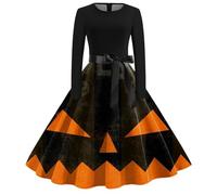 Ladies Dresses Halloween Printed V Neck Long Sleeves Waistband Dress 1950s Vintage Elegant Trendy Witch Costume Evening Party Prom Cocktail Swing A-line Dress Blue