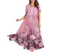 Ladies Dresses Size 14 UK, Womens Summer Maxi Boho Beach Dress Floral Print Sundress Crew Neck Short Sleeve High Waist Flowy Tiered Long Dresses Gifts for Women,Hot Pink,M,u114k