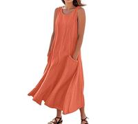 Ladies Dresses Size 16 Midi Length Summer Cotton Linen Solid Color Crew Neck Sleeveless Dresses Tunic Tank Dress with Pockets Phase Eight Dress (Ginger, L)