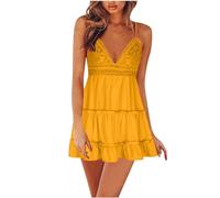 Ladies Dresses Size 16 UK Spaghetti Strap Summer Mini Dress Sleeveless Lace V Neck Sundress Ladies Casual Beach Cover Up Holiday Boho Beach Dresses Sexy Solid Ruffle Camis Dresses Yellow