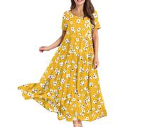 Ladies Dresses Size 16 UK, Womens Summer Casual Loose Bohemian Floral Dress Ladies Short Sleeve Swing Beach Long Maxi Dresses Sister Birthday Gifts,Yellow,XL,u141k