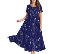 Ladies Dresses Size 16 UK, Womens Summer Maxi Boho Beach Dress Floral Print Sundress Crew Neck Short Sleeve High Waist Flowy Tiered Long Dresses 50th Birthday Gifts for Women,Dark Blue,M,u69k
