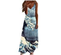 Ladies Dresses Strappy Summer Dresses for Women Bohemian Maxi Dress Vintage Floral Print Flowy Beach Holiday Dresses V Neck Sleeveless Dress Summer Casual Boho Long Sundress Ladies Elegant Sling Dress