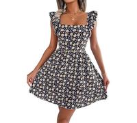 Ladies Dresses UK Clearance, Women's Cute Ditsy Floral Cami Mini Dresses High Waist Square Neck Swing Prom Ruffle Sleeve Party Dress for Teen Girls Personalised Gifts,Black,XL,u364k
