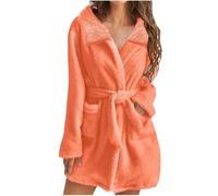 Ladies Dressing Gown Soft Plush Bath Robe for Women Housecoat Fleece Loungewear Fluffy Bathrobe Short Robe Winter Warm Cozy Bath Robe Nightwear Thick Nightgown with Pocket Gifts for Her Orange