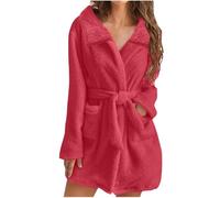 Ladies Dressing Gown Soft Plush Bath Robe for Women Housecoat Fleece Loungewear Fluffy Bathrobe Short Robe Winter Warm Cozy Bath Robe Nightwear Thick Nightgown with Pocket Gifts for Her Red
