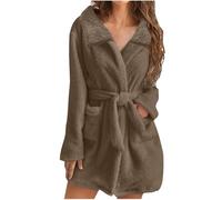 Ladies Dressing Gown Soft Plush Bath Robe for Women Housecoat Fleece Loungewear Fluffy Bathrobe Short Robe Winter Warm Cozy Bath Robe Nightwear Thick Nightgown with Pocket Gifts for Her Coffee