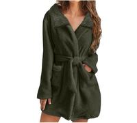 Ladies Dressing Gown Soft Plush Bath Robe for Women Housecoat Fleece Loungewear Fluffy Bathrobe Short Robe Winter Warm Cozy Bath Robe Nightwear Thick Nightgown with Pocket Gifts for Her Army Green