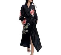Ladies Dressing Gown Women's Satin Pajamas Seven Sleeve Feeling Floral Printed Robe Bathrobe Loungewear Lightweight Cotton Robe With Hood For Women (Black, One Size)