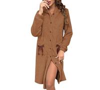 Ladies Dressing Gowns Flannel Fleece Hooded Nightdress Bathrobe Button Up Nightgowns Sleepwear Long Sleeve Knee Length Night Dress Teddy Fluffy Bath Robes House Coat with Bowknot Pockets