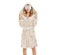 Ladies Dressing Gowns Lightweight Hooded Robe with Eye Mask Flannel Fleece Bathrobes Women Wrap Tie Waist Robes Plain Nightwear with Pockets Knee Length Sleepwear Comfy Pyjamas Loungewear