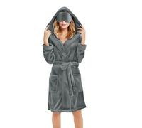 Ladies Dressing Gowns Lightweight Hooded Robe with Eye Mask Flannel Fleece Bathrobes Women Wrap Tie Waist Robes Plain Nightwear with Pockets Knee Length Sleepwear Comfy Pyjamas Loungewear