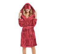 Ladies Dressing Gowns Lightweight Hooded Robe with Eye Mask Flannel Fleece Bathrobes Women Wrap Tie Waist Robes Plain Nightwear with Pockets Knee Length Sleepwear Comfy Pyjamas Loungewear