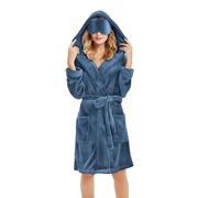 Ladies Dressing Gowns Lightweight Hooded Robe with Eye Mask Flannel Fleece Bathrobes Women Wrap Tie Waist Robes Plain Nightwear with Pockets Knee Length Sleepwear Comfy Pyjamas Loungewear