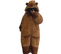 Ladies Dressing Gowns Onesie Capybara Button Up Long Sleeve Nightgowns Housecoat Teddy Fluffy Fabric Nightwear Loungewear Hooded Wearable Blanket Detachable Jumpsuit with Pockets