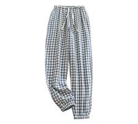 Ladies Elastic Waist Trousers Pyjama Bottoms Womens Linen Drawstring High Waisetd Elastic Trousers Baggy Cuffed Loose Pjs Checked Casual Pants for Ladies Lightweight Loungewear Nightwear Sleepwear