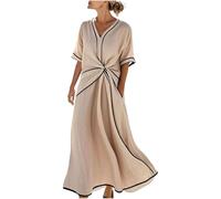 Ladies Elegant Dresses Womens Summer Casual Dress Short Sleeve V Neck Maxi Dresses A Line Swing Dress Solid Color Slim Fit Sundress Loungewear Work Office Vacation Party Cocktail Beach UK 8-18 Khaki