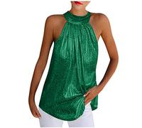 Ladies Elegant Sequins Vest Top Sleeveless Night Out Halterneck Cami Tops Glitter Sequins Sparkle Vest Camisole Tshirts for Night Club Party UK Green