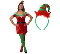 Ladies Elf Costume - Red Velour Dress, Mini Hat, Green & Red Tights - Santa's Grotto Helper Christmas Sexy Xmas Outfit - Size: Medium