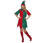 Ladies Elf Costume Santa Helper Red Green Dress Hat Christmas Fancy Dress